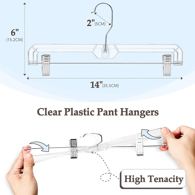 HOUSE DAY Clear Pants Hangers with Clips 25 Pack, Non-Slip Skirt Hangers for Women, Upgraded Heavy Duty Plastic Clip Hanger for Pants, Trousers, Jeans, 14" Short Hanger, 360-Rotating Swivel Hook