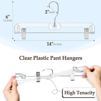 HOUSE DAY Clear Skirt Hangers with Clips, Non-Slip Plastic Pant Hanger with 2 Adjustable Clips, Upgraded Clip Hanger for Pants, Skirts, Shorts, 14" Clear Hangers 10 Pack, 360-Rotating Swivel Hook