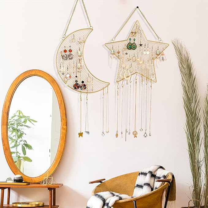Rolin Roly Earring Wall Holder Wall Mounted Jewelry Rack Hanging Earring Organizer with3 Hooks Moon Shaped for Display Grid Golden Bracelet Necklace Ring
