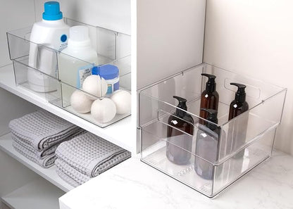 Isaac Jacobs 2-Pack Clear Expandable Storage Bins - Extra Large, 11"-19" L x 10" W x 7.8" H, Plastic Organizer with Cut-Out Handles, Adjustable Length from 11-19" Home, Kitchen & Office