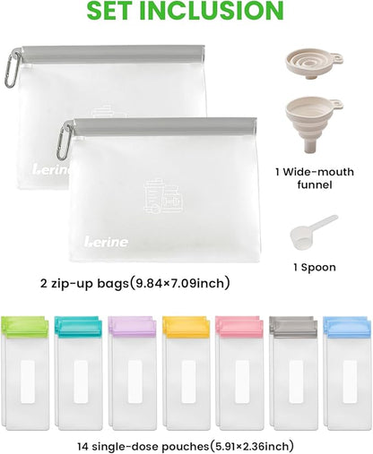 Lerine Reusable Protein Powder Container To Go, Protein Powder Travel Container Set, 14Pcs Single Dose Bags & 2Pcs Large Zip Bags, Portable Supplement Storage Containers with Funnel, Spoon