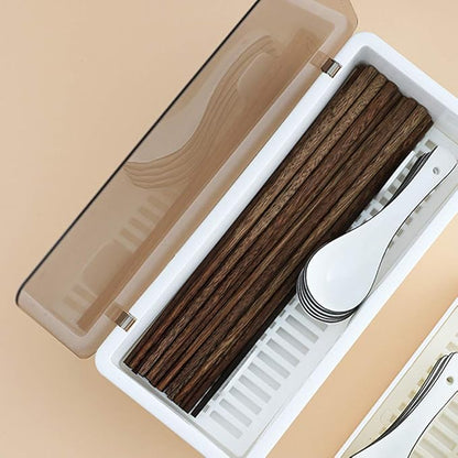 White Flatware Tray Kitchen Drawer Organizer With Lid And Drainer - Plastic Kitchen Cutlery Tray and Utensil Storage Container with Cover - 11.0 Inch Silverware Holder Drawer Organizer