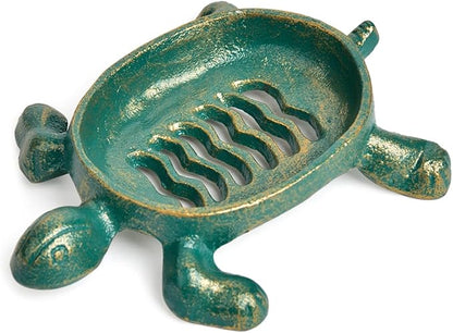 Sungmor Heavy Duty Cast Iron Drainable Soap Holder - Lovely Tortoise Shaped & Antique Green & Gold Finish - Kitchen Bathroom Sink Soap Dish Tray - Practical & Decorative Tabletop Soap Box Container