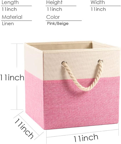 PRANDOM Large Foldable Cube Storage Bins 11x11 inch [4-Pack] Fabric Linen Storage Baskets Cubes Drawer with Cotton Handles Organizer for Shelves Nursery Closet Bedroom Pink