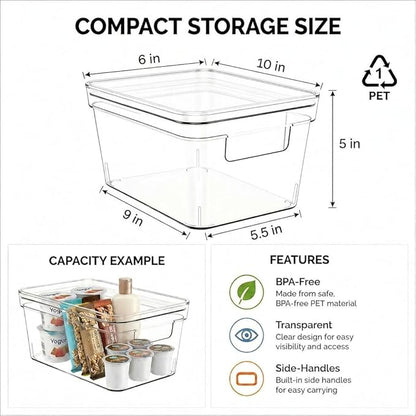 MOONEDGE Small Clear Plastic Storage Bins with Lids and Handles,Stackable Small Item Organizer Containers for Vanity,Craft,Office,Fridge,Kitchen,Pantry,Bathroom,Closet – 2 Pack (10×6×5 in)