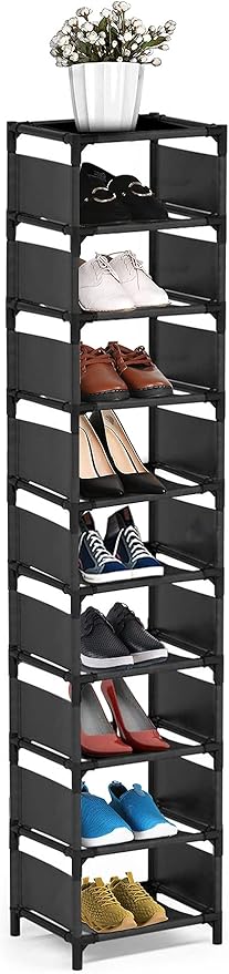 Vertical Shoe Rack, 10 Tier Narrow Shoe Rack for Closet & Entryway, Space Saving Tall Shoe Organizer for Small Spaces, Sturdy Metal Stackable Shoe Shelf Tower for Boots & Heels, Black