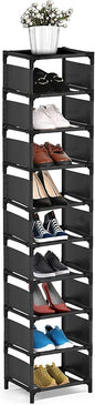 Vertical Shoe Rack, 10 Tier Narrow Shoe Rack for Closet & Entryway, Space Saving Tall Shoe Organizer for Small Spaces, Sturdy Metal Stackable Shoe Shelf Tower for Boots & Heels, Black
