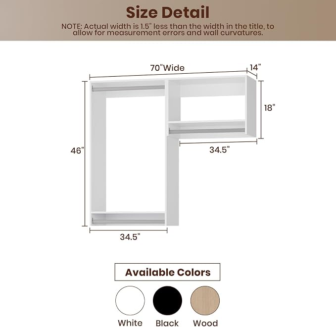 ROOMTEC Modular Closet System, 70" Wall-Mounted Closet Organizer with Hanging Rods, Wooden Tower for Walk-In Closets, Wardrobe Storage Kit, White