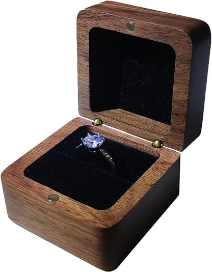 Wooden Ring Box, Personalized Engagement Ring Box Wedding Day Square Ring Box Holder Single Slot Rustic Ring Storage Box (Black)