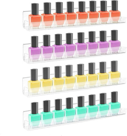 ROYALITA 4-Pack Acrylic Shelves - Nail Polish Organizer Wall Mounted Shelves, Nail Polish Rack with Removable Anti-Slip End Inserts, Nail Polish Holder for Bottles Nail Polish Display & Storage Shelf