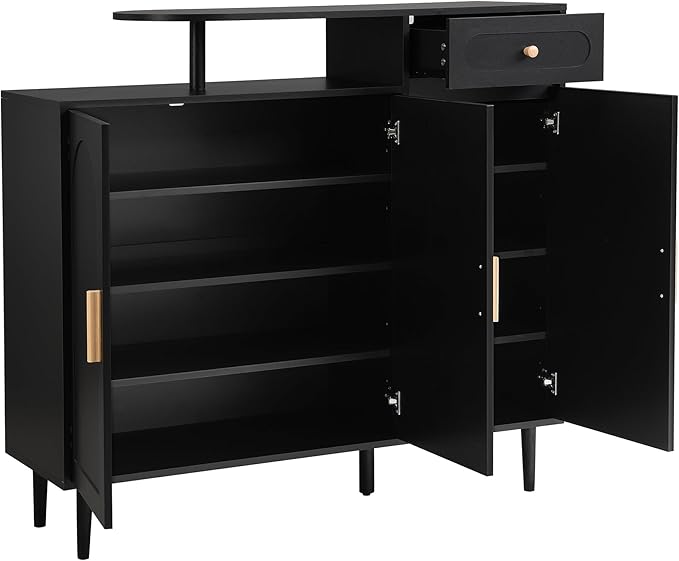 JIVOIT Shoe Cabinet with Adjustable Shelves and Drawer, Cream Style Storage Sideboard with Arched Doors, Solid Wood Legs, Wood Shoe Rack for Entryway, Living Room (Black,164)