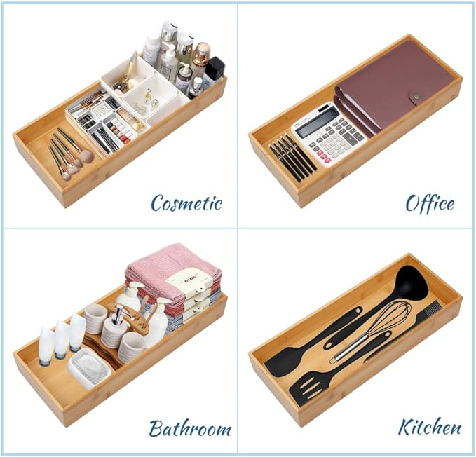 PRATIQUE Bamboo Drawer Organizer - Kitchen Utensil Organizer Silverware Tray Cutlery Holder，Office Desk Supplies and Accessories (12x5.9x2.6 inch)