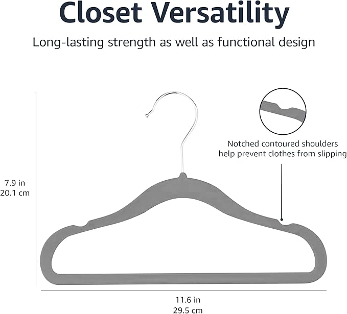Amazon Basics Kids Velvet Non-Slip Space Saving Clothes Hangers with Shoulder Notches, Sturdy Closet Organizer for Baby/Toddler, 11.6", Gray, 30-Pack