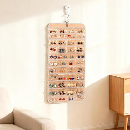 48 Pocket Oxford Fabric Double Sided Hanging Rotating Jewelry Organizer, Bracelet Necklace Jewelry Display Hanger for Closet Door, Earring Dustproof Holder Wall Mount Accessories(Off-white)