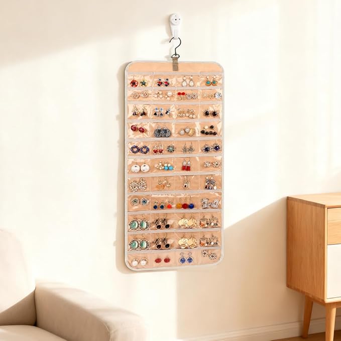 Hanging Jewelry Organizer Storage Roll with 48pcs Pocket Double Sided Rotating Hanger Necklace Hanging Wall Organizer with Hanger Hooks(COLOR:white)