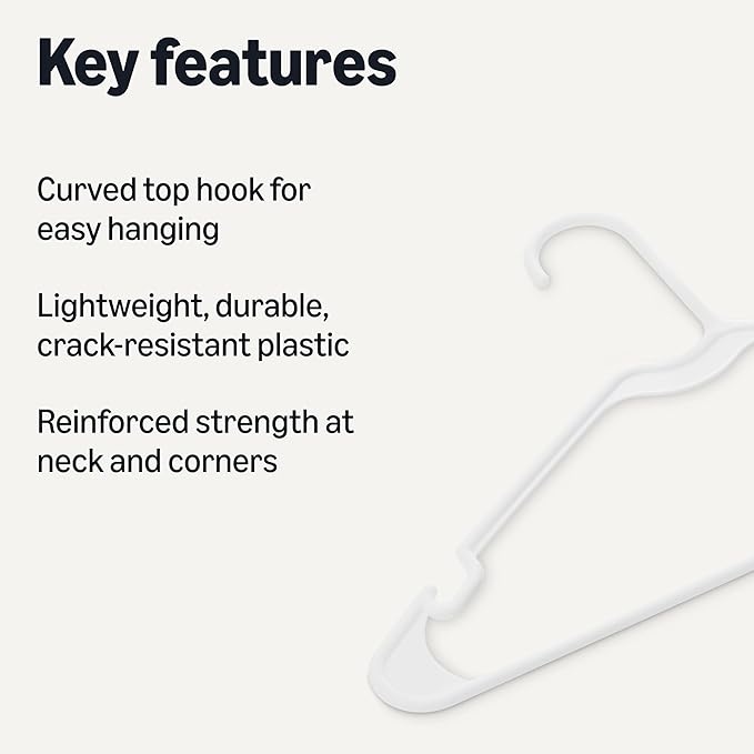 Amazon Basics Space Saving Plastic Clothes Hangers, Sturdy Closet Organizer for Shirts and Jackets, Adult Size, White, 50-Pack