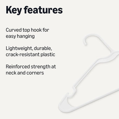 Amazon Basics Space Saving Plastic Clothes Hangers, Sturdy Closet Organizer for Shirts and Jackets, Adult Size, White, 50-Pack
