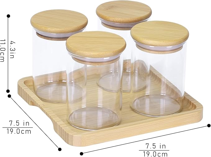 INIUNIK Qtip Holder with Vanity Tray - 4 Pack Glass Apothecary Jars with Lids, Cotton Ball Swab Pad Floss Pick Holder, Bathroom Organizers Jars Containers Canisters Accessories Set