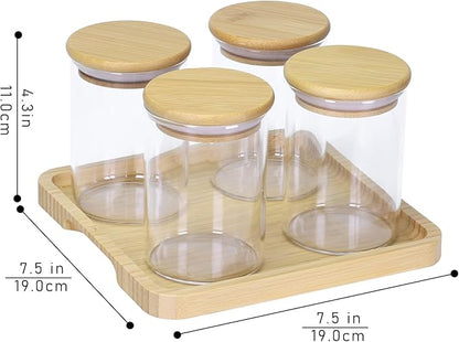 INIUNIK Qtip Holder with Vanity Tray - 4 Pack Glass Apothecary Jars with Lids, Cotton Ball Swab Pad Floss Pick Holder, Bathroom Organizers Jars Containers Canisters Accessories Set