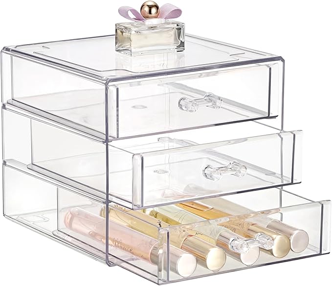 ELLDOO Rollerball Perfume Organizer with 3 Drawer, Clear Acrylic Perfume Storage Holder Beauty Scent Holder, Makeup Lipgloss Lipstick Display Case Office Supplies Box