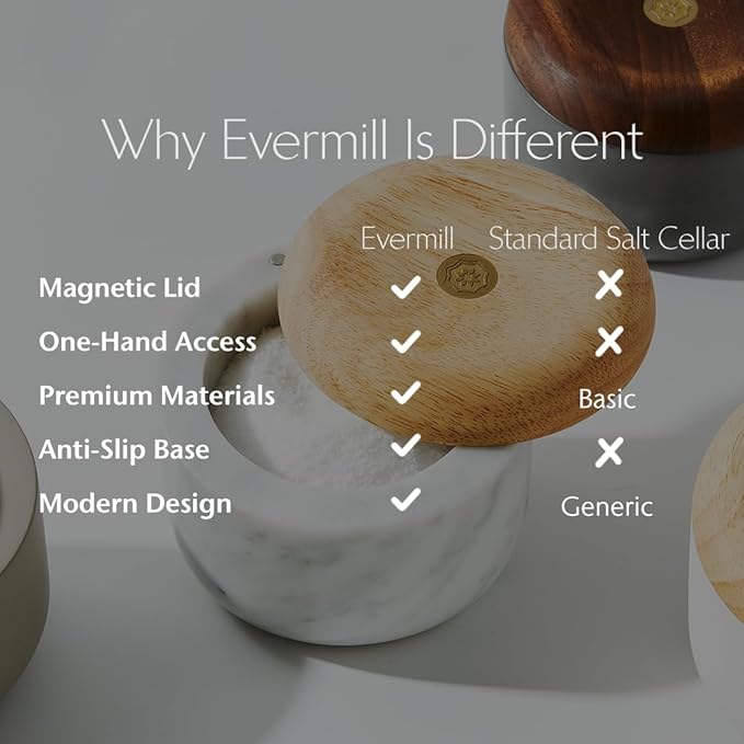 Evermill Salt Cellar (Salt Well) – Premium Marble or Concrete Container with Wooden Lid – Easy Access Kitchen Salt Box with Magnetic Swivel Lid – Includes Sea Salt (Marble with Oak)