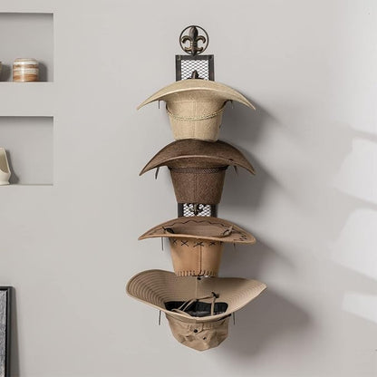 Cowboy Hat Rack for Wall, Metal Fleur-De-Lis Cowboy Hat Holder for 4 Hats, Vertical Western Hat Rack Wall Mount, Rustic Fold-Up Wall Hanging Decorative Hat Racks, 13.8”W x 32.6”H