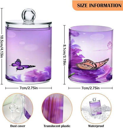 Purple Butterfly Qtip Holder 2 Pack, 14 oz Apothecary Jars Bathroom Vanity Organizer Canister for Qtips,Cotton Swabs,Cotton Balls,Cosmetic Pads,Flossers,Bath Salts