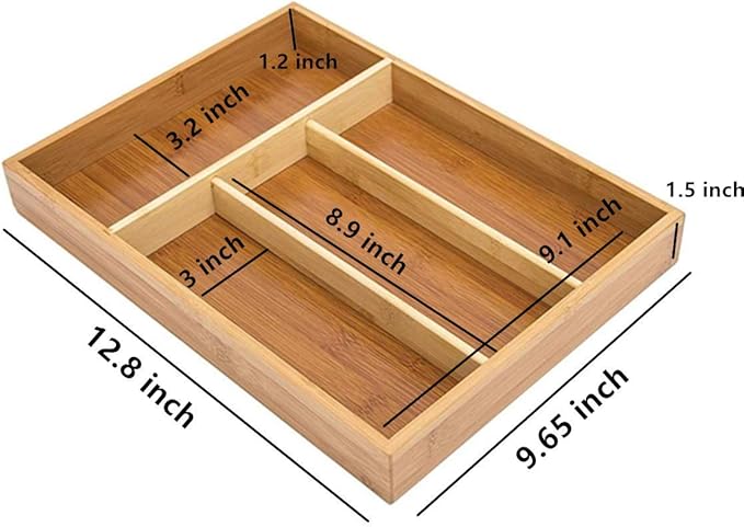 2 Pack Utensil Bamboo Silverware Organizer - 4 Compartments - Bamboo Hardware Jewelry Drawer Holder Kitchen Knives Tray Organizer