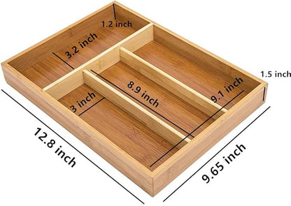 2 Pack Utensil Bamboo Silverware Organizer - 4 Compartments - Bamboo Hardware Jewelry Drawer Holder Kitchen Knives Tray Organizer