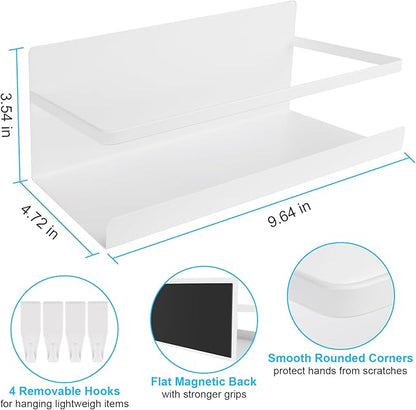 Magnetic Spice Rack for Refrigerator, 2 Pack Magnetic Shelf Fridge Organizer for Spice Jars, Magnet Shelves Seasoning Spice Holder with 4 Hooks for Kitchen White Board Pantry Organizers and Storage