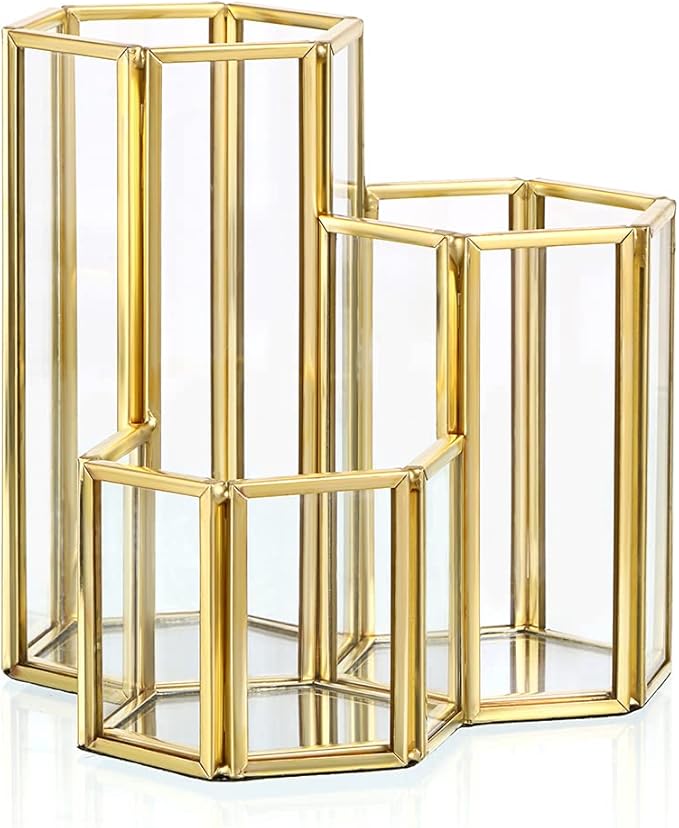 Hipiwe 3 Slots Glass Makeup Brush Holder - Gold Hexagon Cosmetics Brush Eyeliners Display Cup Home Decorative Makeup Organizer Desktop Pen/Pencil Pot Holder for Office