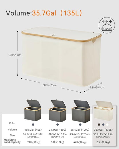 Storage Basket with Lid and Handles, 135L Fabric Bin with Divider for Shelf, Closet, Toy Organization, Collapsible Storage Organizer for Home, White