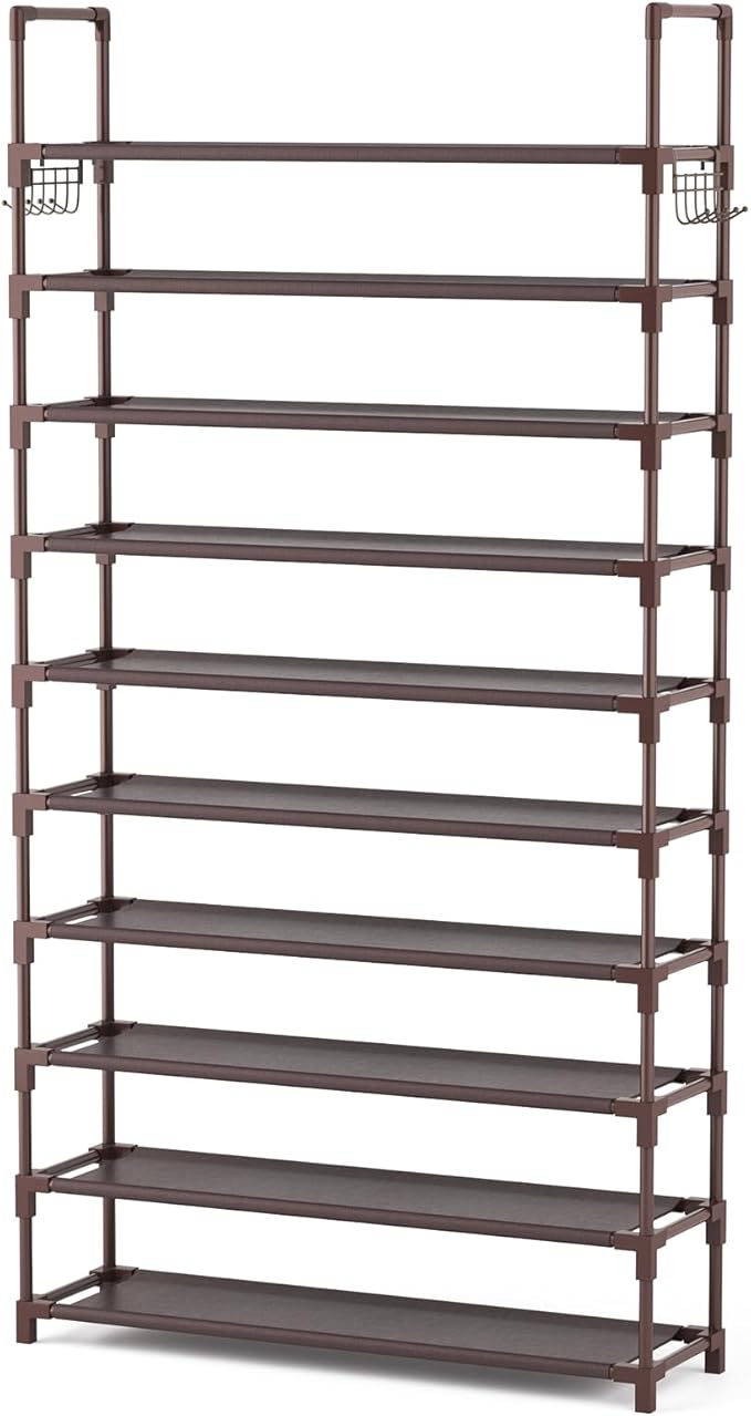 VTRIN 10 Tiers Shoe Rack Tall Large Capacity Wide Shoe Organizer Sturdy Shoe Shelf for Entryway with Two Hooks Metal Shoe Storage for Closet, Bedroom, Brown