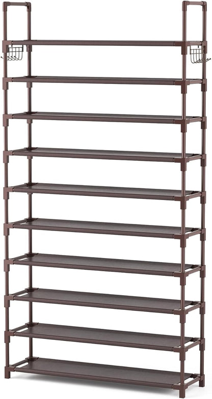 VTRIN 10 Tiers Shoe Rack Tall Large Capacity Wide Shoe Organizer Sturdy Shoe Shelf for Entryway with Two Hooks Metal Shoe Storage for Closet, Bedroom, Brown