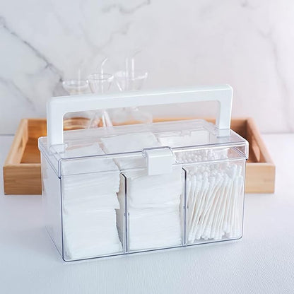 KIMCHOMERSE Large Qtip Holder, Cosmetic Organizer with Carry Handle, Adjustable 3 Compartments Qtip Dispenser for Swabs, Cotton Pads, Small Items Storage Organizer for Desktops and Drawers - Clear