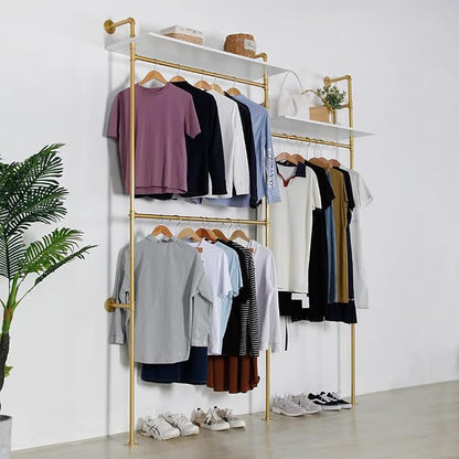 Industrial Pipe Clothing Rack Wall Mounted, Heavy Duty Hanging Clothes Rack Clothing Store Display Stands Garment Rack Closet System, 2 Tier Wood Garment Rack (Gold, 96.5x80.7inch)