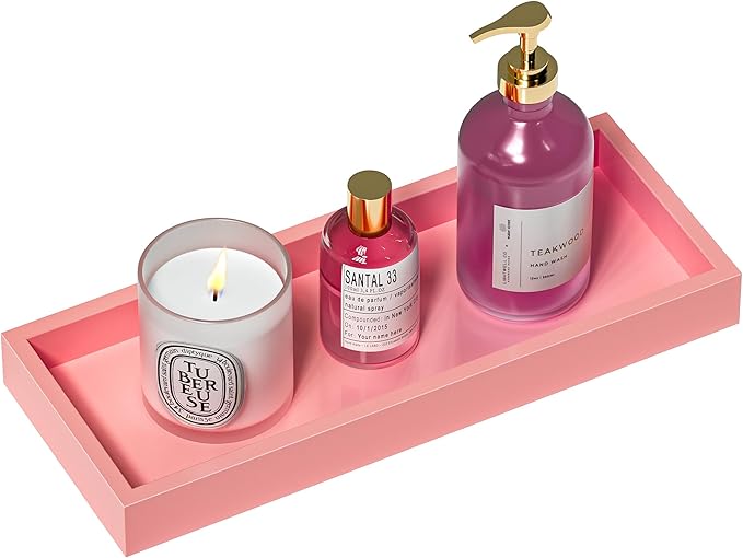 ZHWS Bathroom Vanity Tray for Perfume Decor Toilet Tank Candle Toiletries, Kitchen Tray for Soap Dispenser Spice Salt Coffee, Bamboo Nightstand Tray 11.3”x4.4” (Pink)
