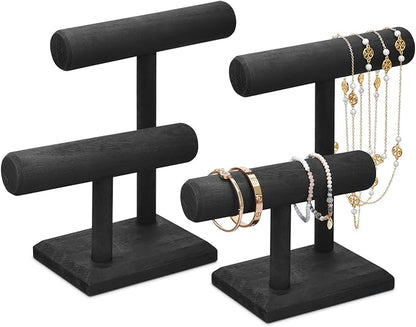 MOOCA 2 Pcs Wooden Jewelry Bracelet Watch Display 2-Tier Bangle Watch for Home Organization, Store, Tradeshow and Showcase, Wood Bracelet Display, Black Color