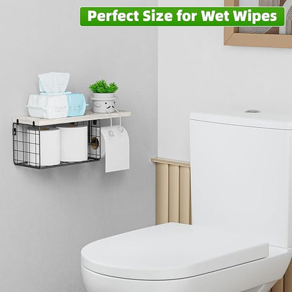 VITVITI Toilet Paper Holder with Shelf, Wall Mounted Toilet Paper Storage Basket, Wood Metal Toilet Roll and Wipes Holder for Bathroom Farmhouse (Vintage White)
