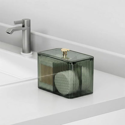 Q Tip Holder for Bathroom with 3 Compartments, Cute Clear Plastic Bathroom Container Jars Canister Dispenser with Lid for Cotton Swab, Ball, Pad, Round, Bathroom Organizer and Storage, Smoked Green