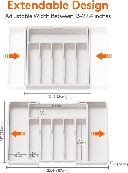 Lifewit Silverware Drawer Organizer, Expandable Utensil Tray for Kitchen, BPA Free Flatware and Cutlery Holder, Adjustable Plastic Storage for Spoons Forks Knives, 13-22 x 15", White