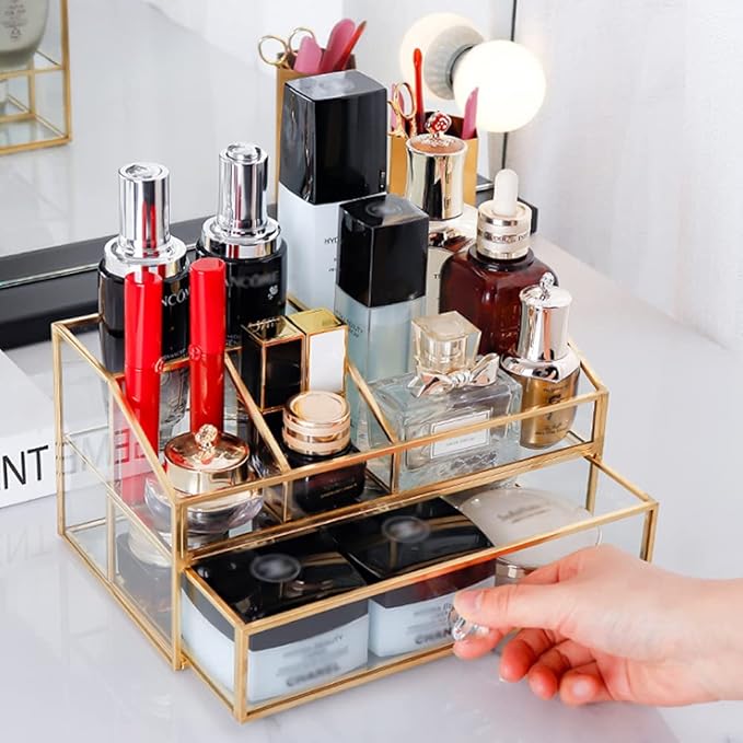 L-Lei Cosmetics Storage,Clear Glass Makeup Brush Holder, Cosmetic Storage for Holding Brushes Nail Polish Lipstick, Dresser Desktop Decorative
