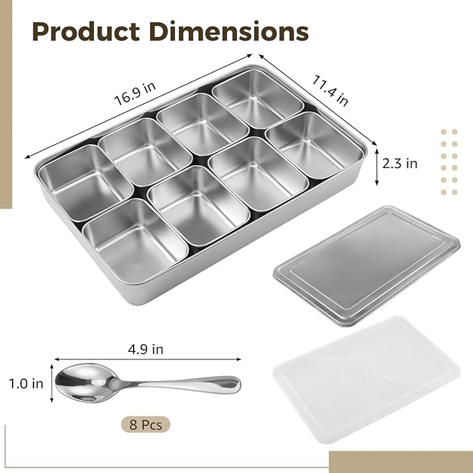 ZALIR 8 Grid Stainless Steel Yakumi Pan, Multi Compartment Yakumi Pans, Condiment Containers, Multi Compartment Food Containers for Herbs, Spices