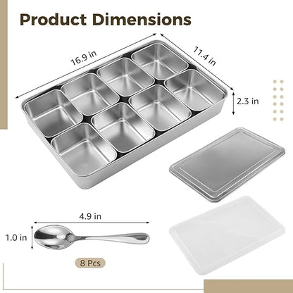 ZALIR 8 Grid Stainless Steel Yakumi Pan, Multi Compartment Yakumi Pans, Condiment Containers, Multi Compartment Food Containers for Herbs, Spices