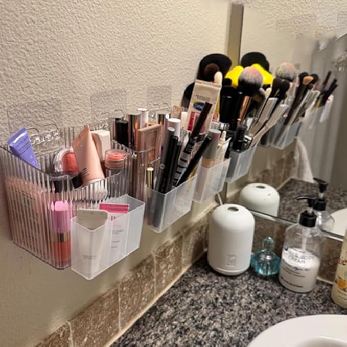 Acrylic Wall Mounted Storage Racks,2Pcs Storage Box Shower Basket, Transparent Plastic Makeup Box Stackable Storage Basket for Kitchen Bathroom Cabinet Pantry and Office, with 2 Back Stickers