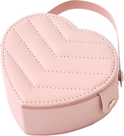 CASEGRACE Small Travel Jewelry Case, Elegant Heart Shaped Design with Detachable Handle,Portable Jewelry Organizer Box for Necklace Rings Earrings,Jewelry Storage for Women Girls (Pink)