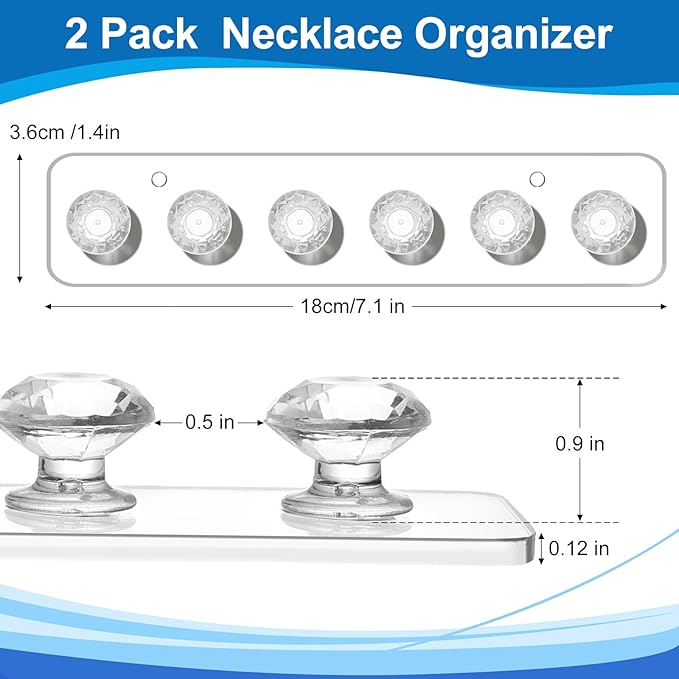 Necklace Holder,Acrylic Necklace Organizer,Wall Mounted Jewelry Organizer With 6 Hooks for Bracelets, Chains,Keys - (2 Pack,Clear)