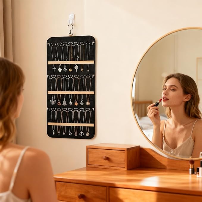 Hanging Jewelry Organizer Storage Roll with 48pcs Pocket Double Sided Rotating Hanger Necklace Hanging Wall Organizer with Hanger Hooks(COLOR:Black)