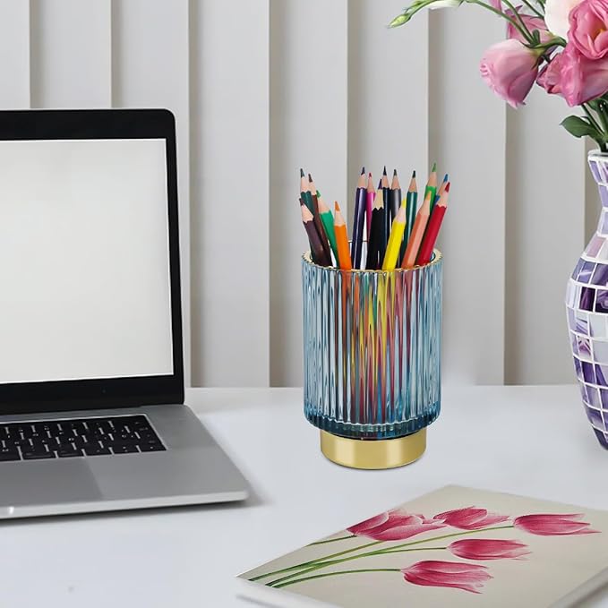 Glass Makeup Brush Holder, Blue Makeup Brush Holder for Vanity, Toothbrush Holders for Bathrooms, Desktop Makeup Organizer for Cosmetic, Brushes, Pen, Pencil