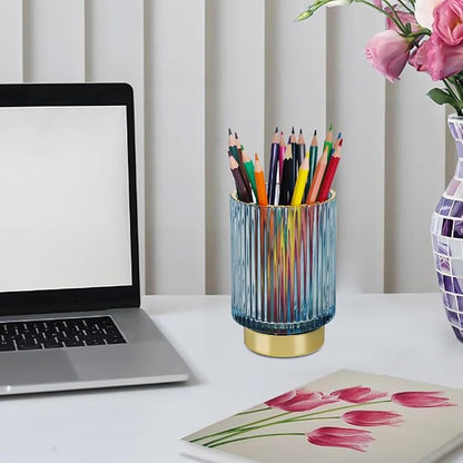 Glass Makeup Brush Holder, Blue Makeup Brush Holder for Vanity, Toothbrush Holders for Bathrooms, Desktop Makeup Organizer for Cosmetic, Brushes, Pen, Pencil